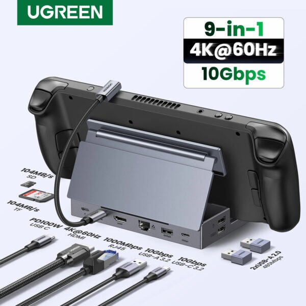 UGREEN 9-in-1 Steam Deck Dock | 4K@60Hz USB-C Hub with RJ45, 100W PD for Steam Deck, ROG Ally & Legion Go