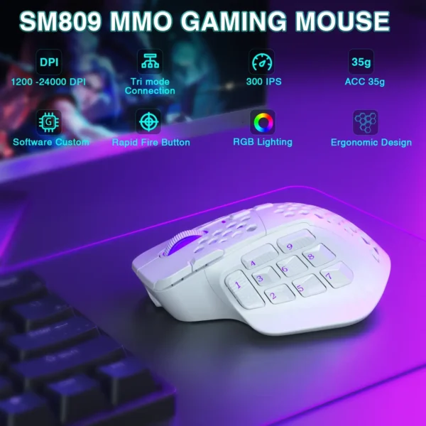 SOLAKAKA SM809 Pro Wireless MMO Gaming Mouse | 24,000 DPI PAW3311 Sensor, 16 Programmable Side Buttons, RGB & Macro